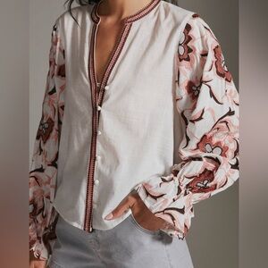 Anthropologie v neck floral embroidered puff sleeve blouse